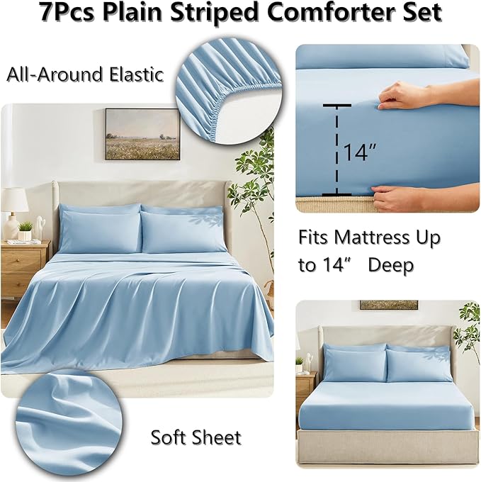 CozyLux Queen Size Comforter Sets Baby Blue, 7 Pieces Bed in a Bag, Blue Comforter Queen Size, All Season Bedding Sets with Stitch Quilted Comforter, Flat Sheet, Fitted Sheet, Pillowcases