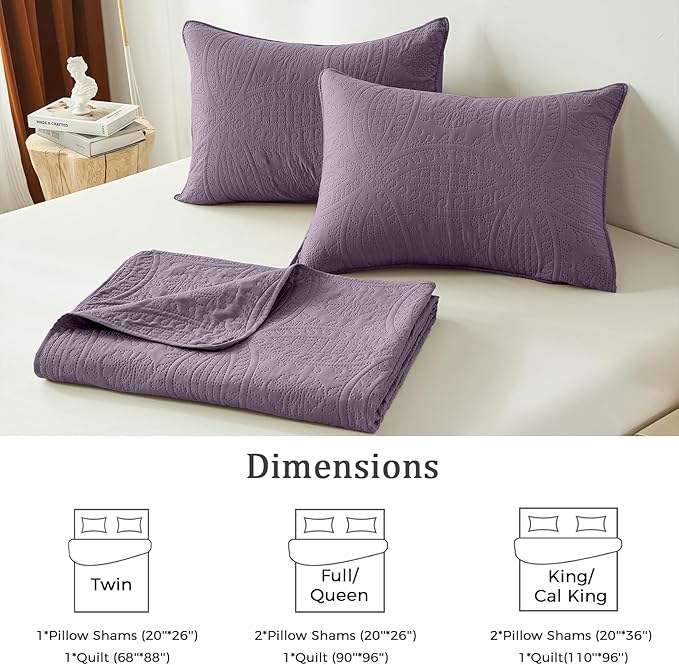 akkialla Grayish Purple Full/Queen Quilt Set, Ultrasonic Lightweight Bedspread Coverlet for Modern Minimalist Bedroom, Soft Microfiber Coin Pattern Bedding, 3-Piece (1 Quilt, 2 Pillow Shams) | Breathable fabric