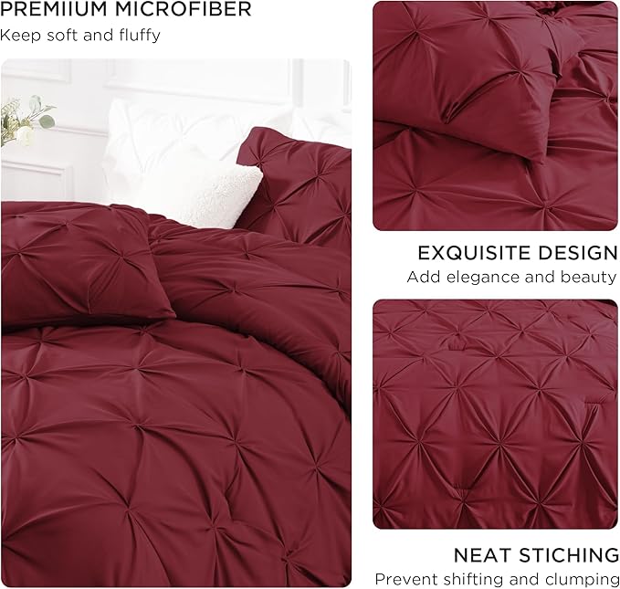 Andency Burgundy Comforter Set Oversized Queen(98x98Inch), 3 Pieces Comforter for Girls Kids, Soft Microfiber Pinch Pleat Comforter Set, All Season Lightweight Bedding Set
