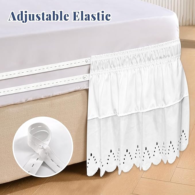 Queen Bed Skirt, Double-Layered Ruffled Eyelet Bed Skirt, Wrap-Around Elastic Dust Ruffle Queen Size with Gathered Styling and Embroidered Details, 18" Drop Length (White)