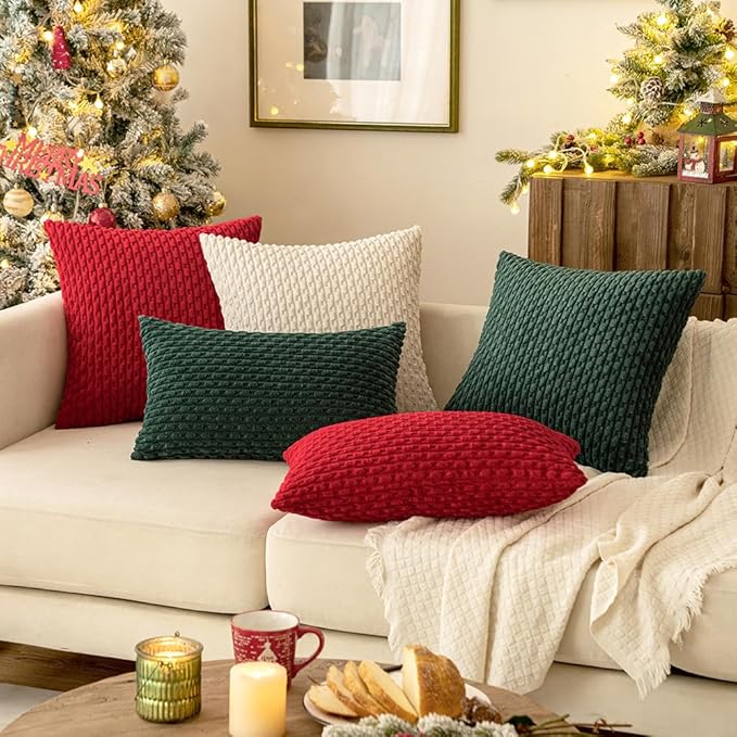 MIULEE Christmas Throw Pillow Covers Soft Corduroy Decorative Set of 2 Boho Striped Pillow Covers Pillowcases Farmhouse Home Decor for Couch Bed Sofa Living Room 12x20 Inch Pure White