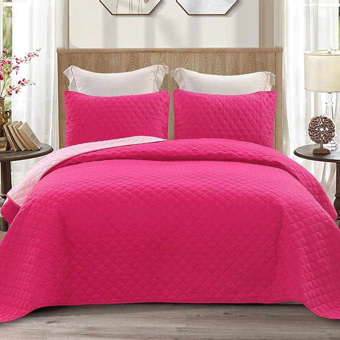 Exclusivo Mezcla Reversible California King Size Quilt Bedding Set with Pillow Shams, Lightweight Quilts Cal King Size, Soft Bedspreads Bed Coverlets for All Seasons - (Hot Pink, 112"x104")