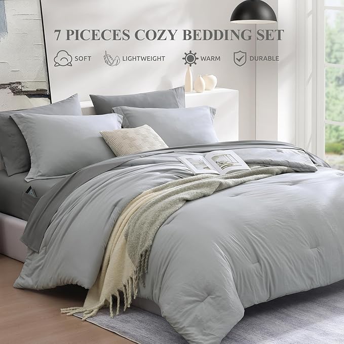 WRENSONGE Queen Comforter Set- 7 Pieces Soft Light Grey Bed in a Bag Queen with Fitted Sheet, Flat Sheet, 2 Pillow Shams, and 2 Pillowcases- Warm Bed Set for All Season