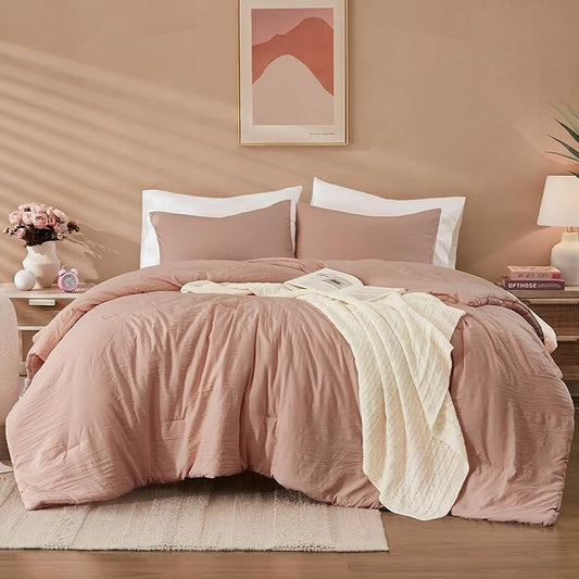 WRENSONGE Full Size Comforter Sets - 3 Pieces Dusty Pink Comforter Prewashed Soft Lightweight for All Seasons,Fluffy Down Alternative Comforter Full Size with 2 Pillow Shams