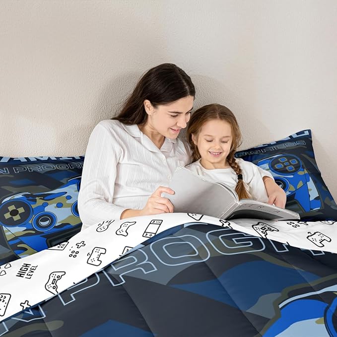 Boys Gaming Comforter Set Full Size Teens Gamer Bedding Set Retro Blue Camouflage Video Game Controller Comforter for Kids Youth Bedroom Decor Gamer Console Action Buttons Duvet Set Microfiber