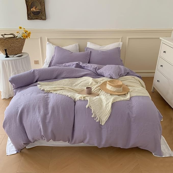 Simple&Opulence 100% Linen Duvet Cover Set, 3 PCS Natural French Flax Lilac Duvet Cover King Size, Breathable Soft Comfy Linen Bedding Comforter Cover with 2 Pillowcases(Lilac, 104"x92")