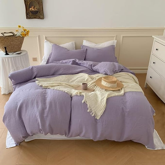 Simple&Opulence 100% Linen Duvet Cover Set, 3 PCS Natural French Flax Lilac Duvet Cover King Size, Breathable Soft Comfy Linen Bedding Comforter Cover with 2 Pillowcases(Lilac, 104"x92")