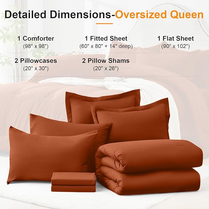 Oversized Queen Comforter Set 7 Piece - Soft Bed in a Bag Queen Size Comforter Sets, Cozy Bedding Sets with All Season Comforter, Flat Sheet, Fitted Sheet,2 Pillowcases & 2 Shams, Orange