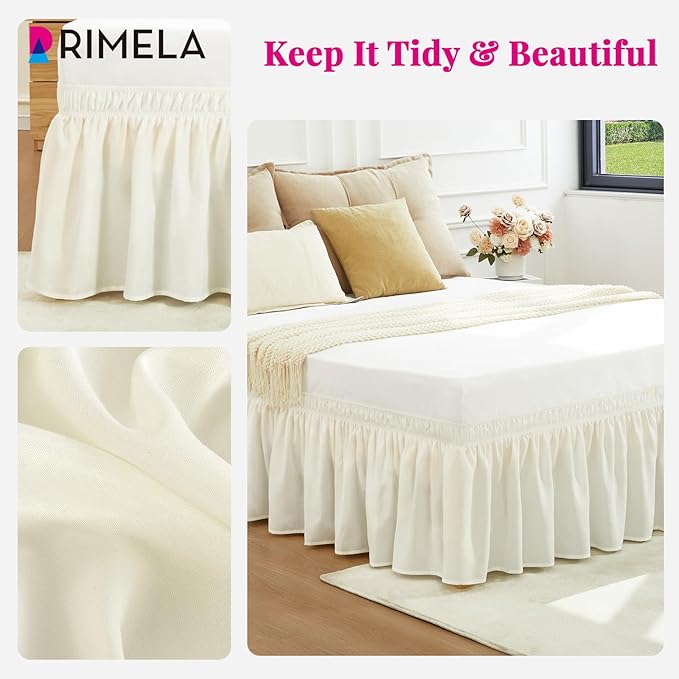 RIMELA Cream Queen Bed Skirt 18 Inch Drop, Wrap Around Elastic Bed Skirts Queen Size Dust Ruffle, Bedskirt for Adjustable Bed Base Solid Fade Resistant Silky Fabric Machine Washable