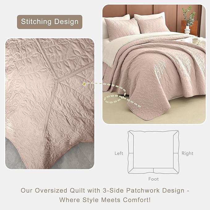 Lady Ann Oversized King Quilt 120x120,Camel Oversized King Bedspread with Leaves Pattern,3 Piece Lightweight Ultra Soft Farmhouse California King Coverlet Set for Extra Large Bed