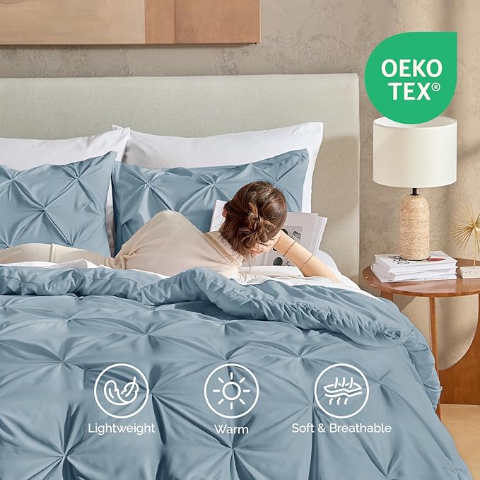 Andency Grayish Blue Pinch Pleat Comforter Full(79x90Inch), 3 Pieces(1 Pintuck Comforter and 2 Pillowcases) Solid Soft Down Alternative Microfiber Lightweight Bedding Set All Season