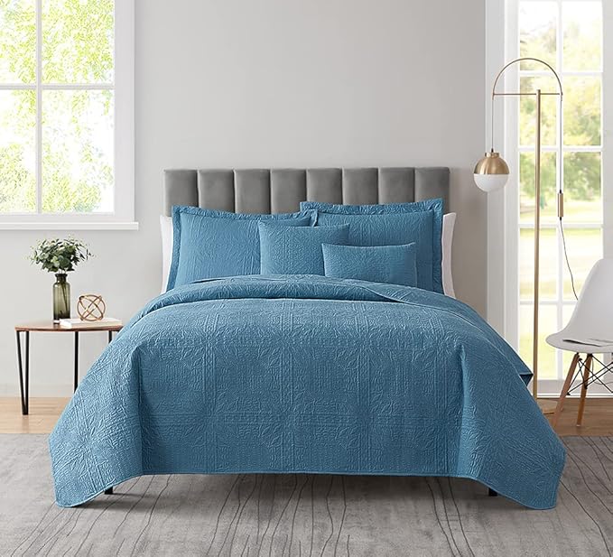Hearth & Harbor Quilts Queen Size - All Season Bedspread Coverlet Set, Pinsonic Weave Lightweight Bedding Set - 5 Piece Queen Quilt Set with Pillow Shams, Grid - Blue Heaven