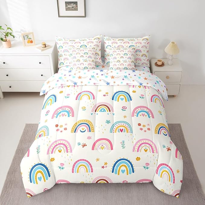 Feelyou Kids Rainbow 7 Pieces Bedding Set King Size, Colorful Stripes Comforter Set with Sheets Cute Cartoon Bed in A Bag Boys Girls Multicolor Teens Bed Set Bedroom Decor 7Pcs