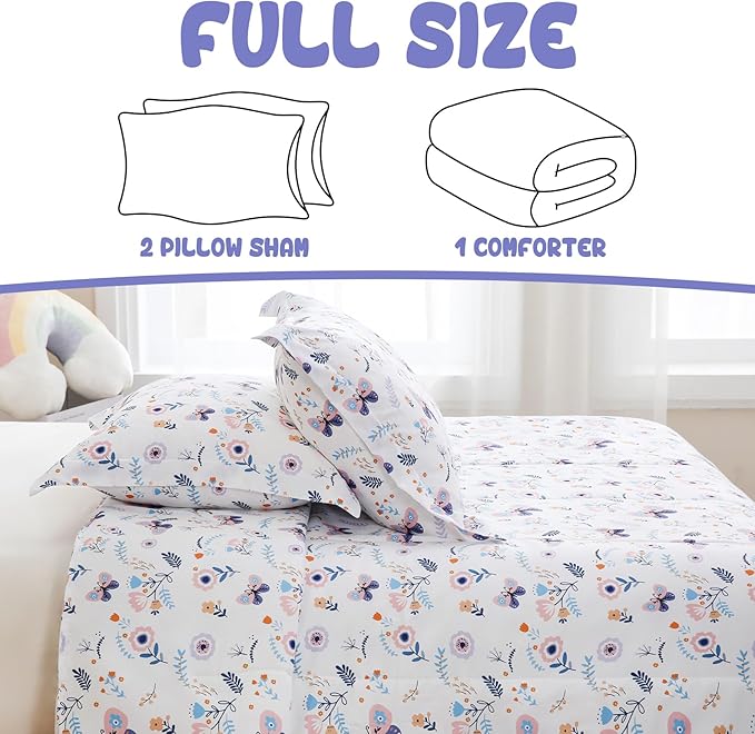 Yibeizi Floral Comforter Set for Girls Full Size, Kids Butterfly Printed Bedding Set with Pillow Sham, Cute Lightweight Soft Breathable Machine Washable Quilted Bed Comforter Set 3 Piece