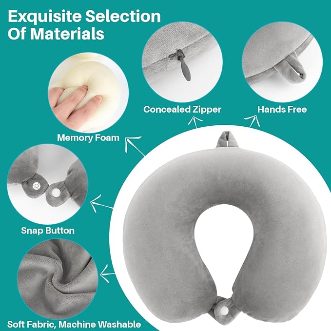 Neck Pillow for Airplane Sleeping – Memory Foam Travel Pillow with Neck & Head Support, U-Shaped Design for Long Flights, Portable Adult Neck Support Pillow with Washable Cover (Grey)