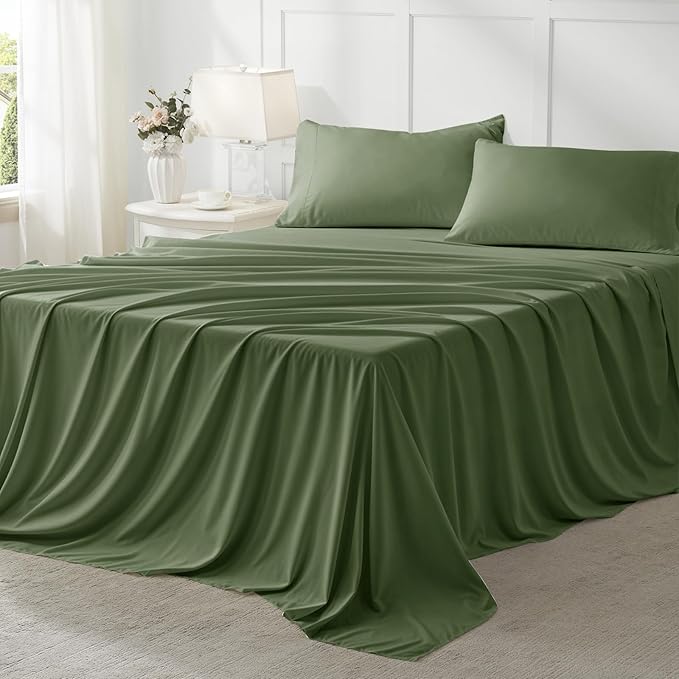 Anluoer Queen Comforter Set 7 Piece, Olive Green Bed in a Bag with All Season Bedding Comforter Sets, 1 Comforter, 2 Pillow Shams, 2 Pillowcases, 1 Flat Sheet, 1 Fitted Sheet
