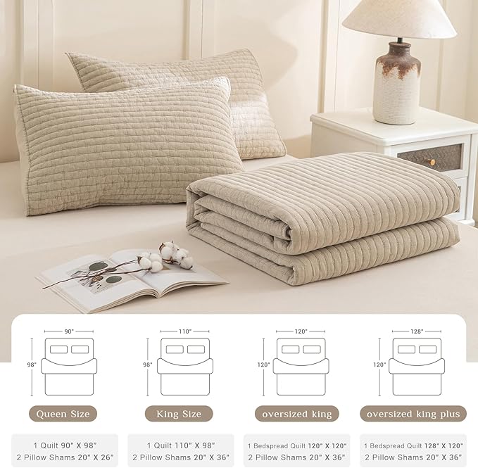 CozyTide Oversized King Bedspread 128"x120",Stone-Washed Cotton Wheat King Quilt Bedding Set Oversized,3 Pieces Soft Lightweight Extra Large Farmhouse Bedspread & Coverlet Sets