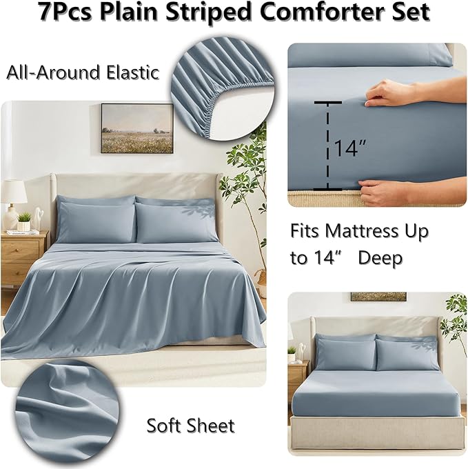 CozyLux Oversized Queen Comforter Sets Dusty Blue, 7 Pieces Bed in a Bag, Ultra-Soft All Season Bedding Sets with Stitch Quilted Comforter, Flat Sheet, Fitted Sheet, Pillowcases, Grayish Blue