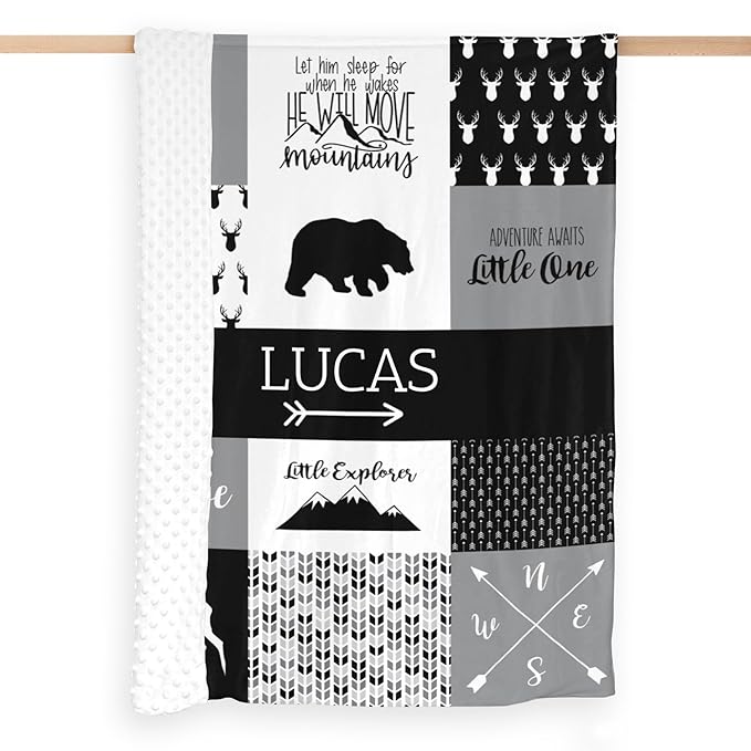 Customzed Baby Blanket for Boys Super Soft Double Layer with Dotted Backing, Receiving Blanket with Cute Woodland Multicolor Printed Blanket Black 40 x 50 Inch