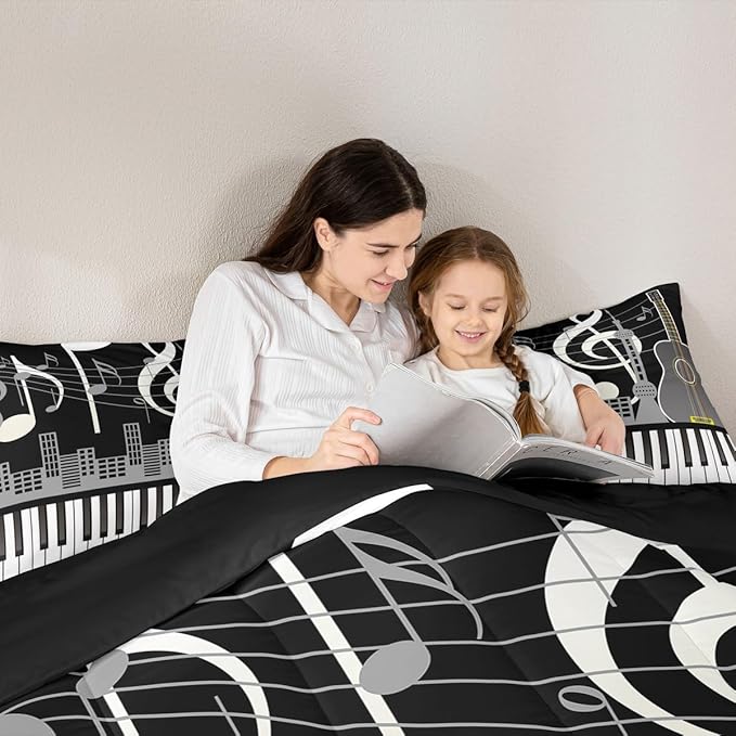 Erosebridal Paino Keys Bedding Set King Size Musical Notes Comforter Set Guitar Rock Music Bedding Comforter for Kids Boys Teens Men Retro Black White Grey Down Comforter Bedroom Decor 3 Piece