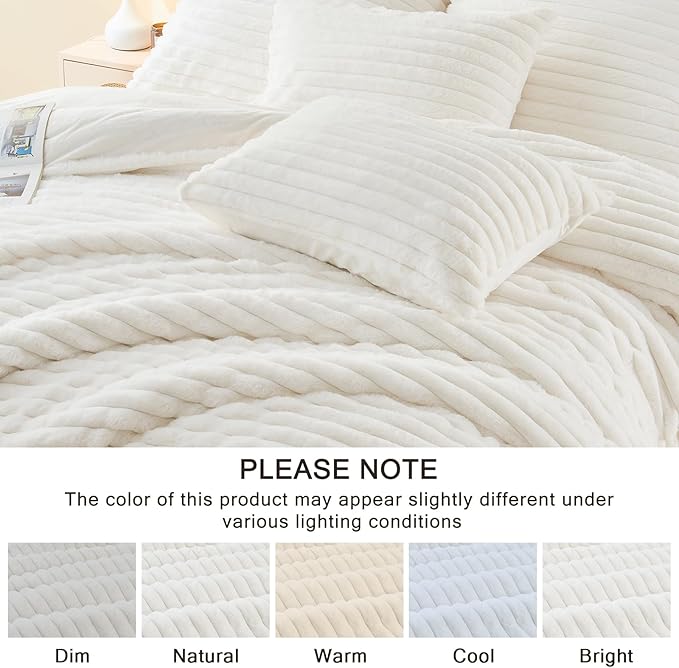 EMME Faux Fur Duvet Cover Twin Size, 2 Pieces Ultra Soft Fluffy Comforter Cover, Cozy Warm for Winter, Luxury Elegant Shaggy Striped Design Bedding, 1 Duvet Cover & 1 Pillow Shams (Twin, White)