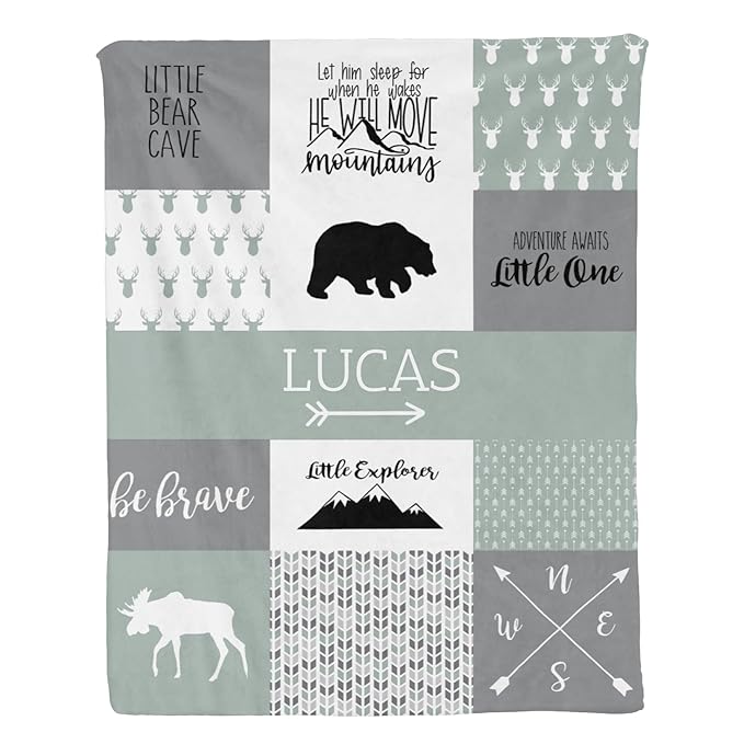 Baby Blanket with Name, Polyester Micro Soft Plush Baby Blankets for Boys with Print Animal Pattern and Soothing Raised Dots, Double Layer Bed Throws for Crib, Bear and Deer, Green, 35x45 Inches