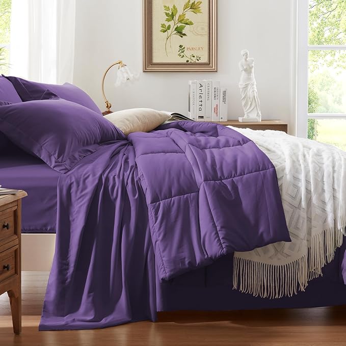 Anluoer California King Size Bed in a Bag 7 Pieces,Dark Purple Cal King Comforter Set with Sheets,All Season Bedding Sets with Comforter,Pillow Shams,Pillowcases,Flat Sheet,Fitted Sheet