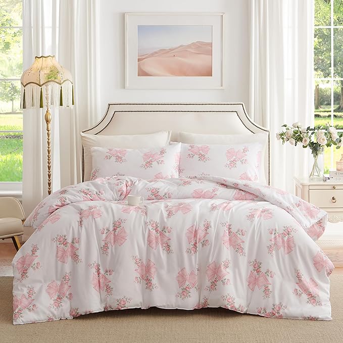Nayoroom Pink Bow Duvet Cover Full Size Coquette Pink Floral Duvet Cover 3 Pieces Soft Lightweight Microfiber Girls Cute Aesthetic Dorm Bedding Set