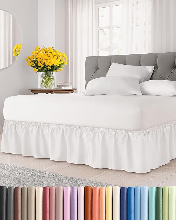 Wrap Around Dust Ruffle Bed Skirt - Antique White - for Queen Size Beds w/ 12 Inch Drop - Easy Fit Elastic Strap - Adjustable Pleated Bedskirt w/Brushed Fabric, Wrinkle Free Women, Men, Kids & Teens