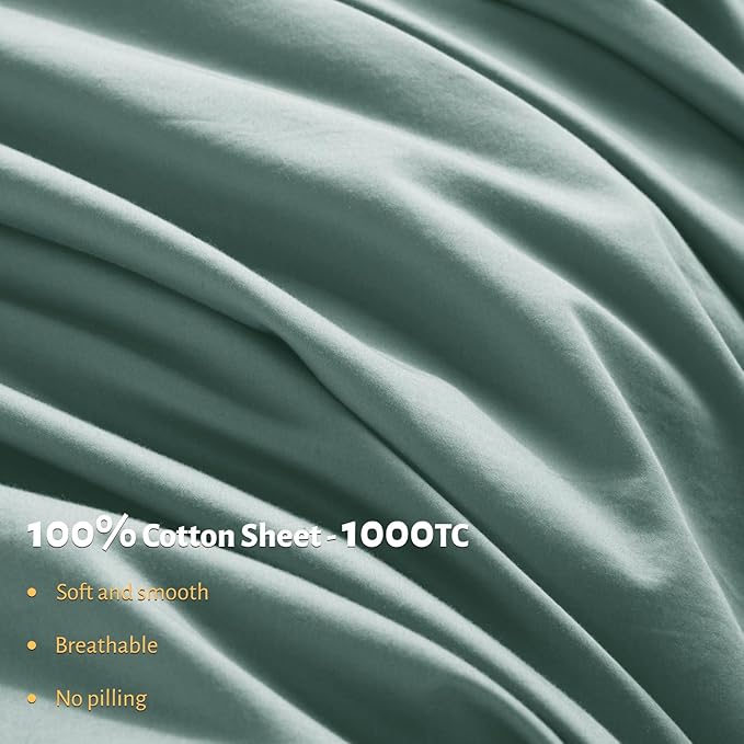 Shilucheng 100% Egyptian Cotton King Size Sheets Set - 1000 Thread Count，Luxury Cotton Bed Sheets，Breathable & Cooling Bedding and Pillow Cases, 16 Inch Deep Pocket - 6 Piece (Sea Glass, King)