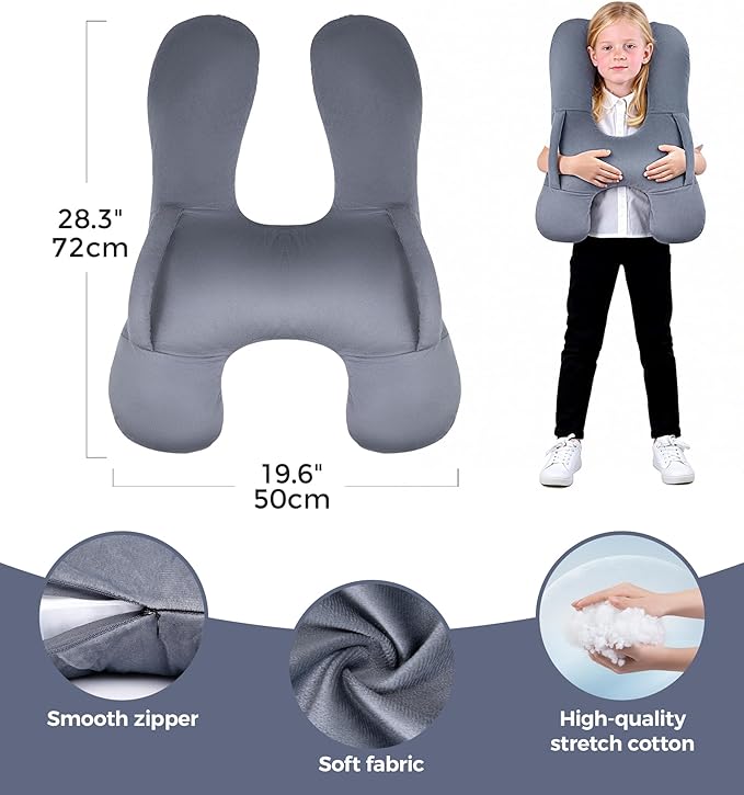 BEBAS U-Shaped Kids Travel Pillow for Car Travel Accessories for Children Adults - Soft Breathable Supports Neck Head for Sleeping - Adjustable Strap for Airplane Long Road Trip (Grey, H-Shape)