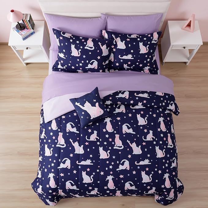 Full Comforter Set for Girls Kids - 7 Pieces Cute Cat Full Size Bedding Sets for Kids, Soft Cozy Bed in A Bag with Sheets