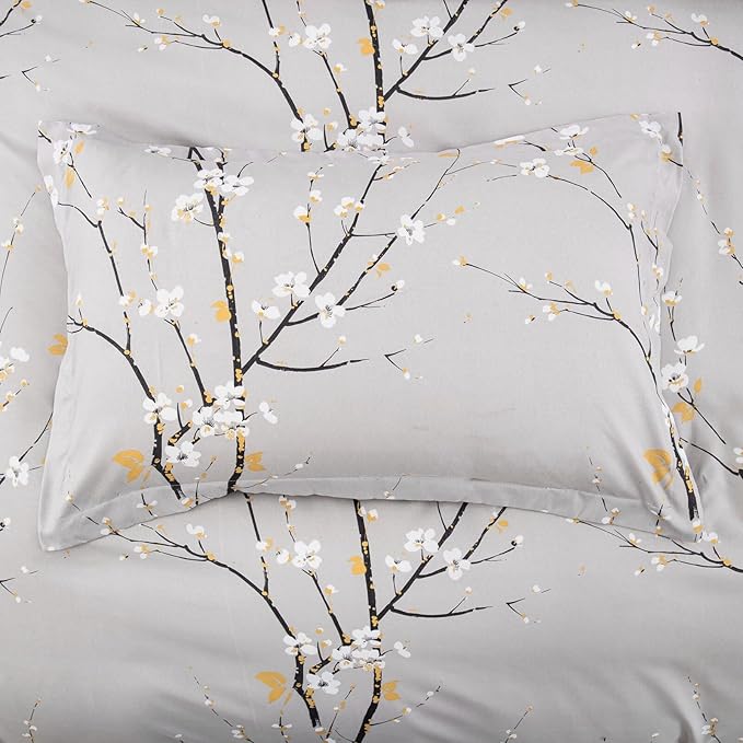 WONGS BEDDING Light Grey Duvet Cover Set Queen, Flower Plum Blossom Prnited Bedding Set with 1 Pillowcase,3 Pcs Soft Microfiber Comforter Cover with Zipper Closure for Kids 90"x90"(Not Comforter)