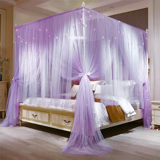 VETHIN 4 Corners Post Princess Bed Canopy Curtain Double Layer Cozy Drape Netting 4 Opening Mosquito Net for Girls & Adults Bedroom Decoration Accessories (Double Purple,64" W*82" L*82"*H/(Queen))