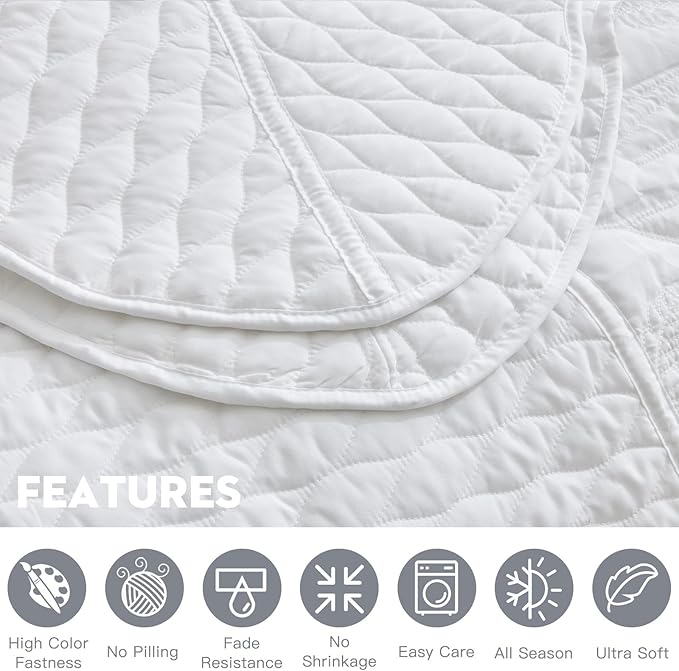 Botanical Oversized Bedspread King Size - Leaves Pattern Stitching Quilt Set - Elegant & Fresh Style Bedding Coverlets, Reversible, Lightweight, 5 Piece, White