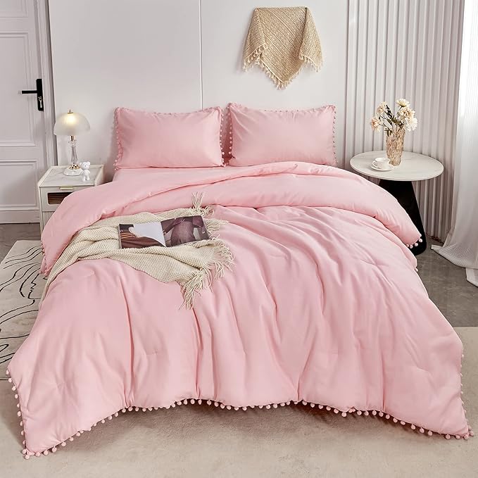 PERFEMET 5 Pcs Pink Pom Pom Comforter Twin Size Aesthetic Boho Pom Fringe Bedding Set with Sheet Ultra Soft Lightweight Farmhouse Bedding Quilt Set for Girls Kids(Pink, Twin)