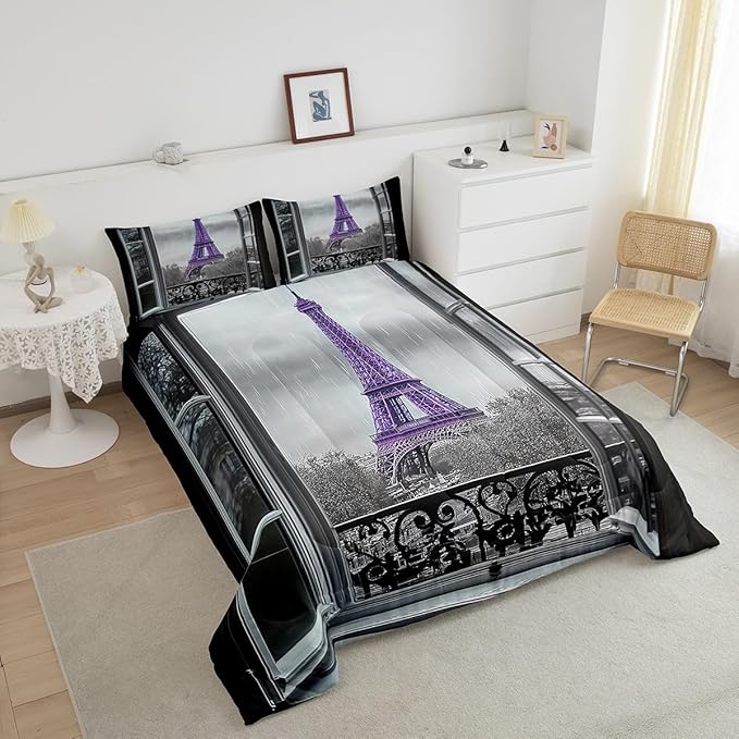 Erosebridal Purple Eiffel Tower Comforter Set Full,Vintage France Paris Bedding Set for Girls Teens Women Retro City Building Down Comforter Romantic Rainy Day Quilt Set 2 Pillow Cases Bedroom Decor