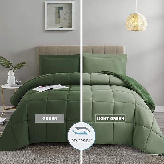 HIG 3pc Green Comforter Set Full SizeDuvet Insert, Reversible, All Season, Box Stitched, with Corner Tabs, Soft, Fluffy