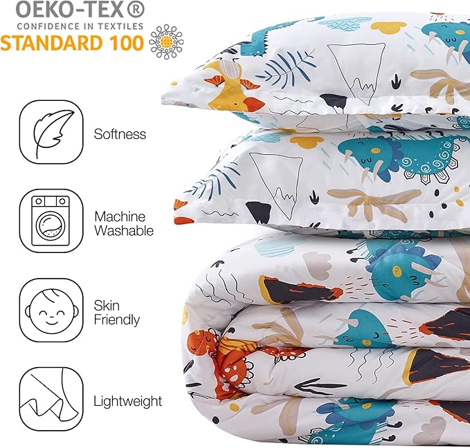 JSD Dinosaur Kids Comforter Set Twin Size, 2 Piece Microfiber Comforter with Pillow Sham, Lightweight All Season Washable