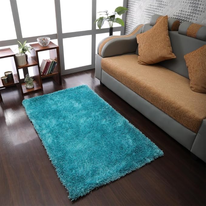 Hand Tufted SHAG Polyester ECO-Friendly Area Rugs - 4'x6', Rectangle, Turquoise, Solid Plain Design, High Pile Thick Handmade Anti Skid Area Rugs for Living Room, Bed Room K00111
