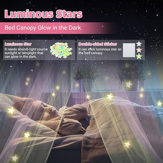 Bed Canopy with Lights, Bed Canopy for Girls Princess with Luminous Stars, Canopy Bed Curtains for Twin to King Size Bed, Baby Kids Adult Indoor Decor Bedroom Reading Nook Outdoor Camping, Rainbow