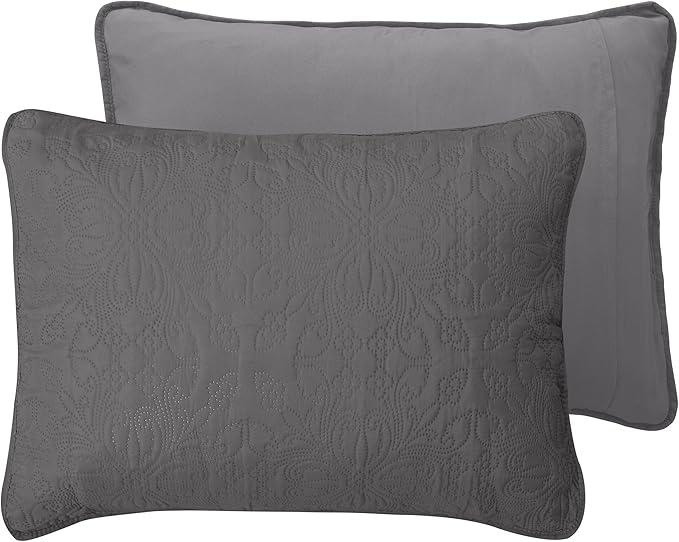 Easy-Going Twin Size Reversible Quilt Set with 1 Quilt and 1 Pillow Sham, Soft Bed Quilt Cover, Water Resistant Lightweight Microfiber Bedspread, Stain Resistant, Damask-Gray/Light Gray