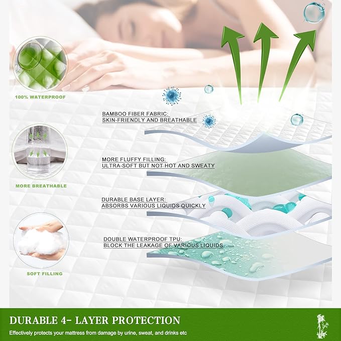 UNILIBRA Queen Mattress Pad Waterproof Rayon Made from Bamboo, Fitted Deep Pocket Mattress Cover fits 6''-25'', Breathable Quilted Mattress Protector, White