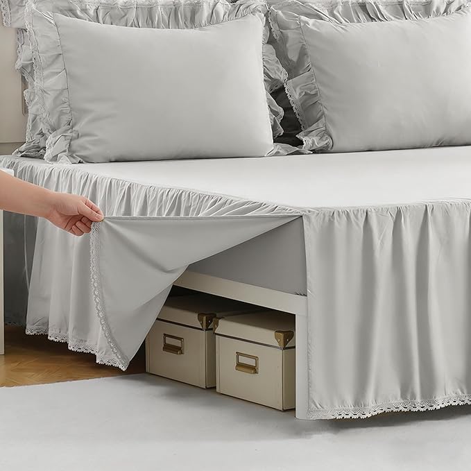 Queen Size 18 inch Drop Light Grey Dust Ruffle, Crochet Edge Lace, Lightweight 100% Cotton, French Coutry Style Ruffled Bed Skirt with Split Corners