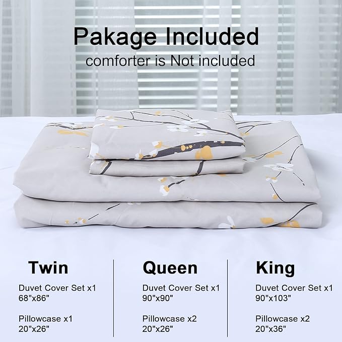 WONGS BEDDING Light Grey Floral Duvet Cover Set King, Flower Plum Blossom Prnited Bedding Set with 2 Pillowcase,3 Pcs Lightweight Comforter Cover with Zipper Closure for Kids 90"x103"(Not Comforter)