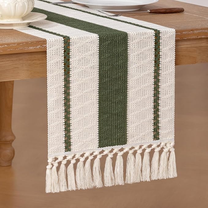 Socomi Boho Table Runner Easter Spring Farmhouse Rustic Dining Kitchen Centerpiece Decor Small Macrame Woven Cotton Linen Coffee Table Runner for Dresser Scarf Home Decor 12x36 inch Olive Green