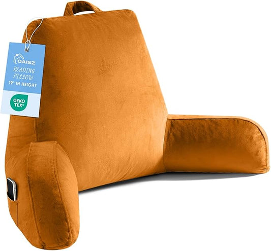Reading Pillow for Sitting in Bed Adult, X-Large Reading Pillow with Shredded Memory Foam, Back Pillow for Sitting Up with Extend Arms, Pockets, Bed Pillow with Washable Cover, Orange