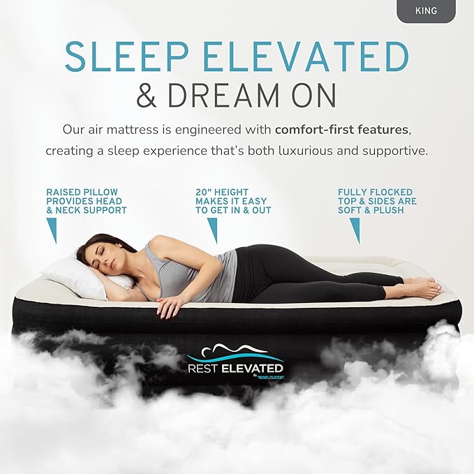 RestElevated Luxury Pillow Top King Size Air Mattress with Built in Pump | 20" Raised Height with Coil Beam Support | Adjustable Blow Up Air Bed | for Home, Guests and Camping [Black with Cream Top]