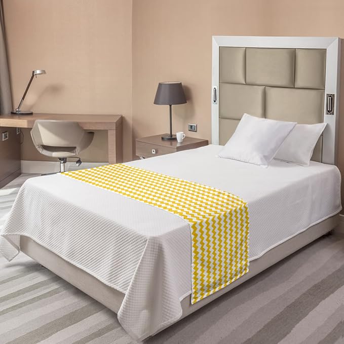 Lunarable Mustard Bed Runner, Zigzag Pattern Chevron Criss-Crossed Triangle Arrow Style Lines Geometric, Decorative Accent Bedding Scarf for Hotels Homes and Guestrooms, Twin, Yellow