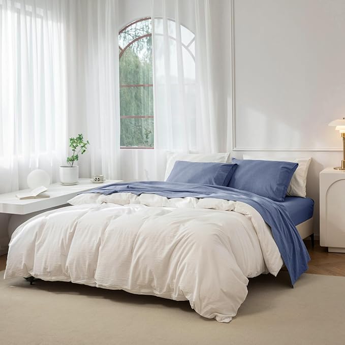 JIYUAN 100% Washed Cotton Sheet Set 4 Pieces King,1 Fitted Sheet,1 Flat Sheet and 2 Pillowcases,Comfy and Breathable Linen Like Bedding Set,Heathered Blue